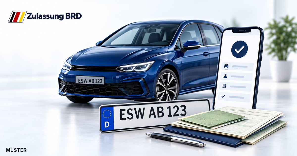 Online Fahrzeugzulassung in Sontra: Musterkennzeichen ESW AB 123, Auto und Fahrzeugpapiere und Smartphone. Illustration mit Logo von Zulassung BRD.